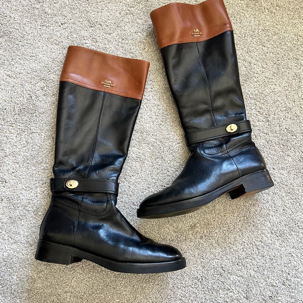 COACH EVA MAT CALF Q7660 Women’s Size 8 Black & Brow Leather Riding Boots